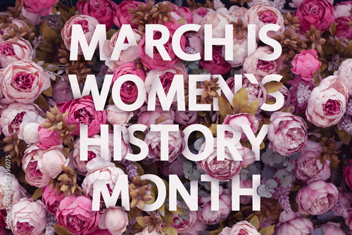 March is Women's History Month festive card. Beautiful pink background and text on floral texture with shadows, mixed media. photo
