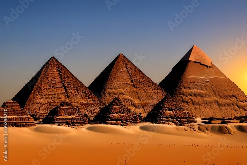 Pyramids at sunset. Cairo. Egypt. Fantasy Egyptian landscape. Generative AI