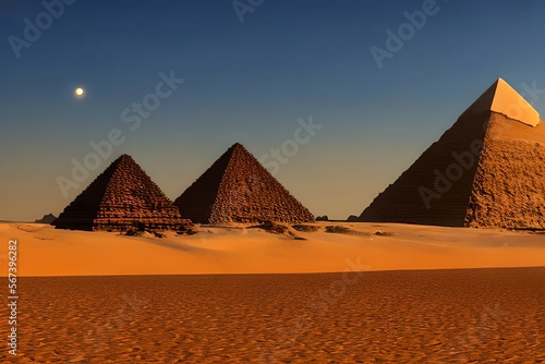 Pyramids at sunset. Cairo. Egypt. Fantasy Egyptian landscape. Generative AI © Pixel Matrix