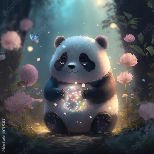 illustration panda sitting with flowers children's style fairy tale Generative AI

 photo