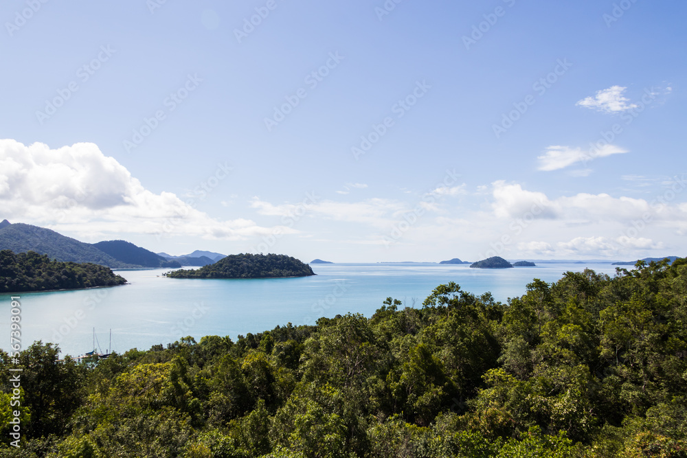 sky and sea, overlooking islands, forest, mountains