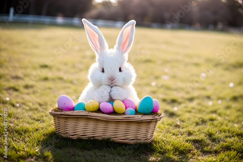 Cute Easter bunny holding a basket of easter eggs