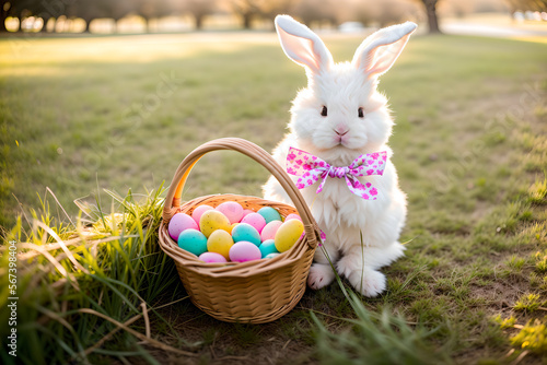 Cute Easter bunny holding a basket of easter eggs