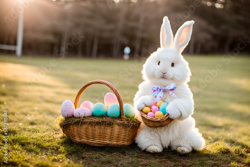 Cute Easter bunny holding a basket of easter eggs