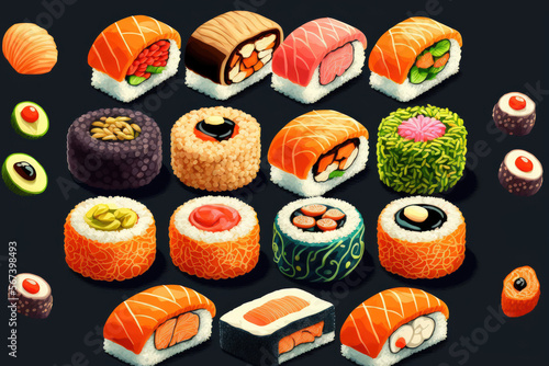 Different rolls background. Traditional sushi. Delicious japanese food. Generative AI