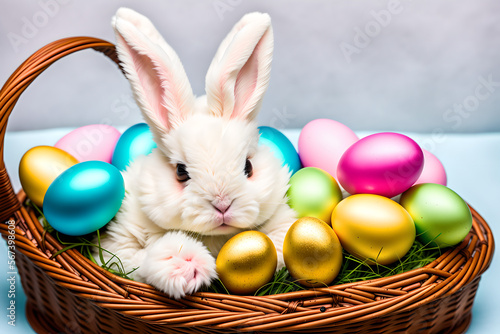 Cute Easter bunny holding a basket of easter eggs