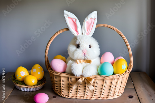 Cute Easter bunny holding a basket of easter eggs
