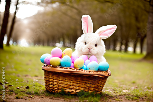 Cute Easter bunny holding a basket of easter eggs