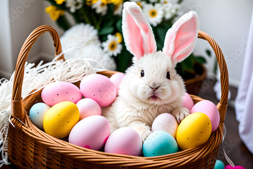 Cute Easter bunny holding a basket of easter eggs