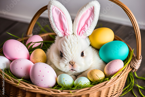 Cute Easter bunny holding a basket of easter eggs