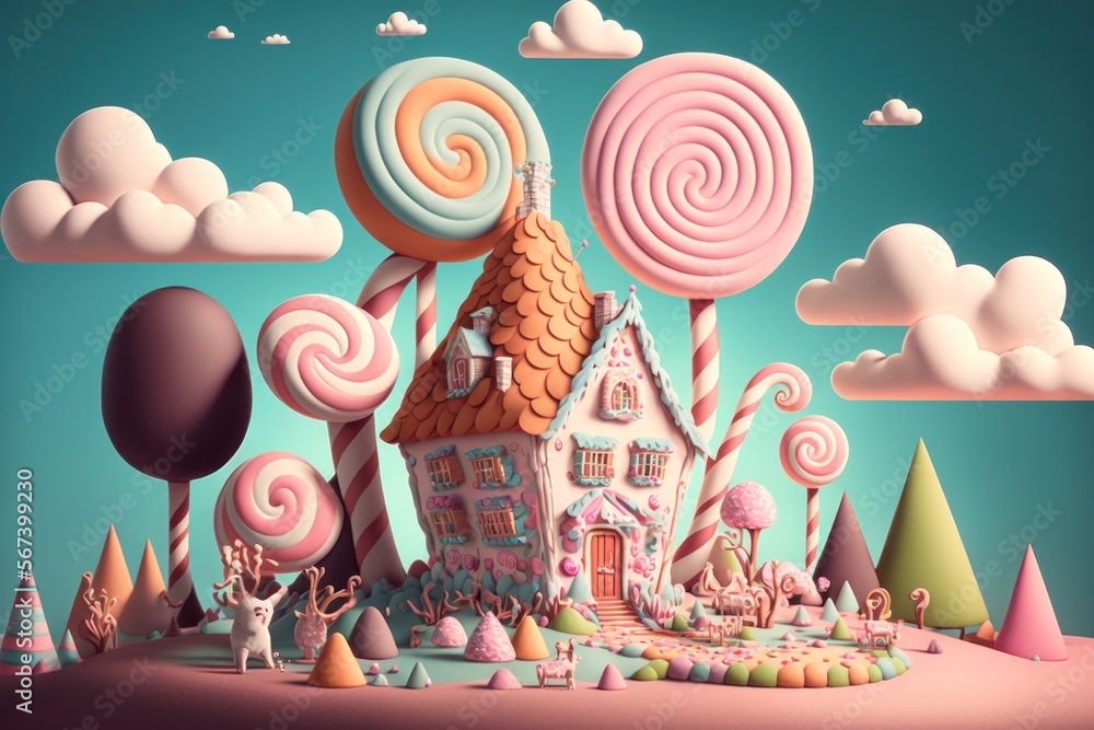 candy house in middle of the forest, gingerbread, sweet house, candy world, marshmallow , generative by AI