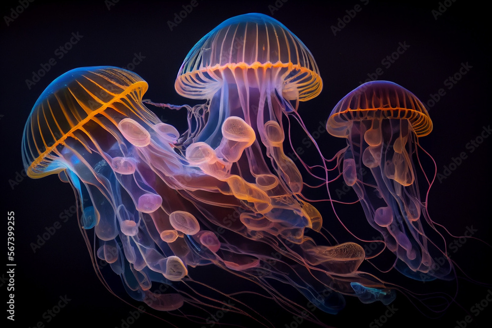 Glowing sea jellyfishes on dark background. Created with Generative AI technology