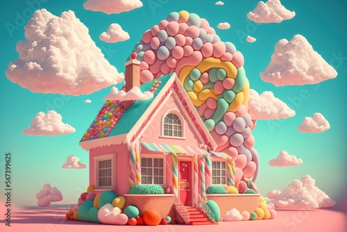 candy house in middle of the forest, gingerbread, sweet house, candy world, marshmallow , generative by AI
