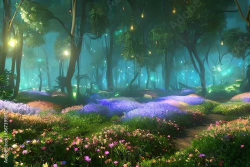 Fairy forest at night. fantasy glowing flowers and lights. Generative AI © Pixel Matrix