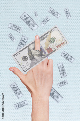 Vertical collage image of human arm demonstrate middle finger gesture through torn dollar banknote isolated on money background