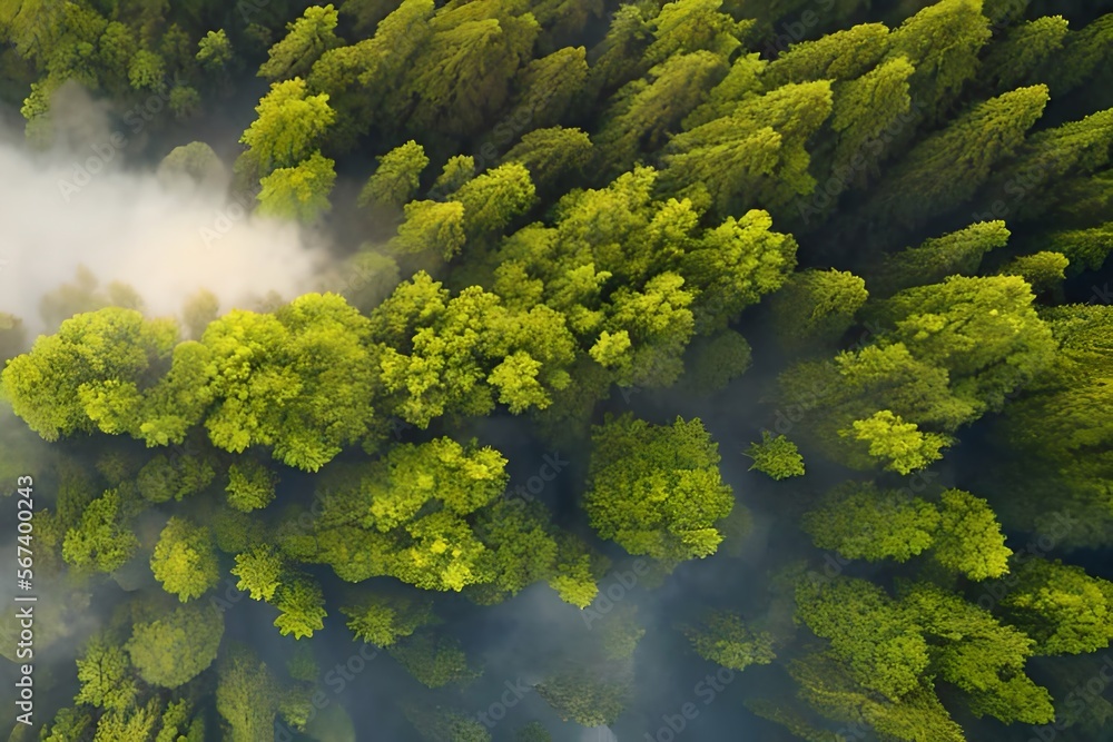 Naklejka premium Forest landscape view from above. foggy forest. Generative AI