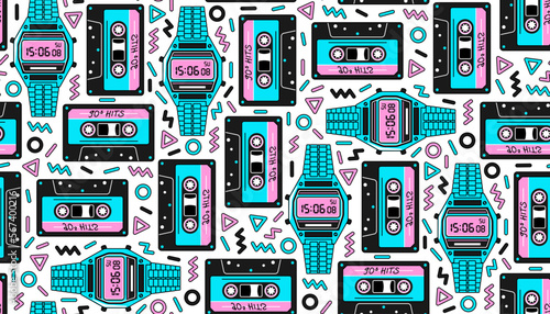 90s, y2k seamless pattern in retro Memphis style. Vector background with Audio cassette tape and digital wrist watch in trendy neon colors