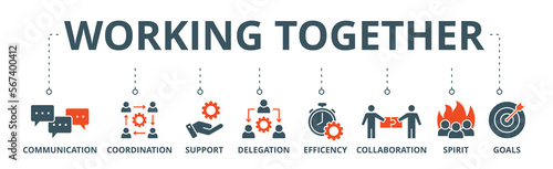 Working together banner web icon vector illustration concept with icon of communication, coordination, support, delegation, efficiency, collaboration, teamwork, spirit, goals