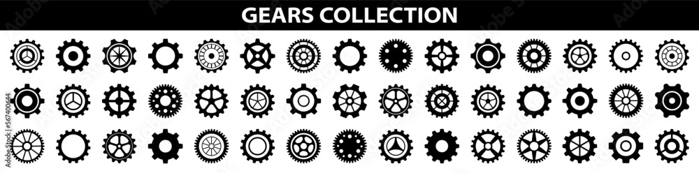 Gears icon set. Setting gears icon.Machine gear icon vector set. Simple Gear wheel collection. Cogwheel. Gear icons. Different style icons set. Vector illustration. - obrazy, fototapety, plakaty 
