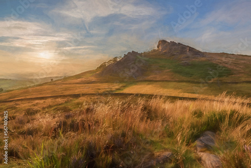 Digital painting of a panoramic view of The Roaches at sunset in the Peak District National Park.