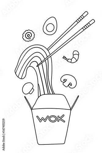 Noodles with traditional Ingredients in a wok box. Vector Illustration in doodle flat style.