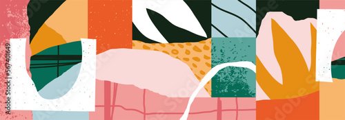 Trendy social media banner template with abstract organic shapes composition in contemporary collage minimal style, vector illustration