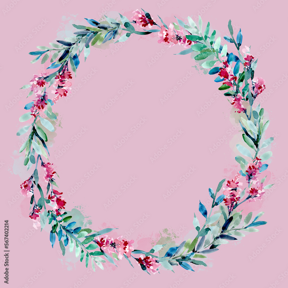 Obraz premium A wreath of watercolor pink flowers on a pink background. Round floral text frame. Wedding background wreath of flower buds and leaves
