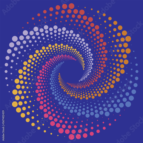 Vector circular swirling pattern of circles of different colors on a dark blue background
