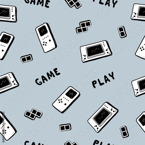 Retro vibe doodle pattern. Video game hand drawn doodle seamless pattern. Tetris, video game console, tetris element, lettering game, play. Computer retro, arcade play background, wallpaper, pattern