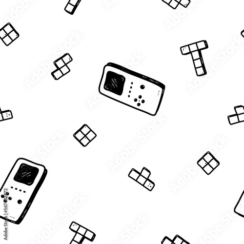 Retro vibe doodle pattern. Tetris hand drawn seamless pattern. Tetris console and elements. Computer retro, arcade play background, wallpaper, pattern. Vector illustration photo