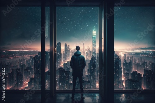  бизнесмен стоит перед огромным окном на верхнем этаже небоскреба и смотрит на вечерний город в огнях