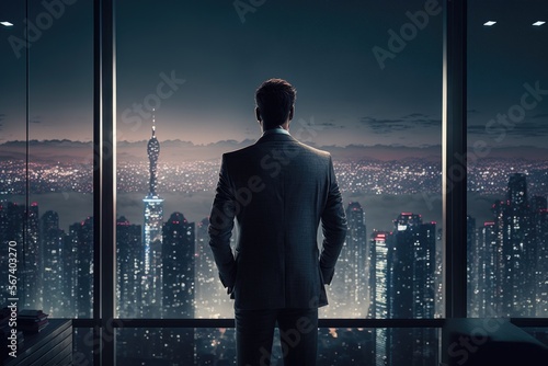 a business man stands in front of a huge window on the top floor of a skyscraper and looks at the evening city in lights