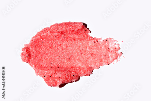 red brush strokes, watermelon strawberry scrub smear, cosmetics skincare texture swatch, body peeling on white