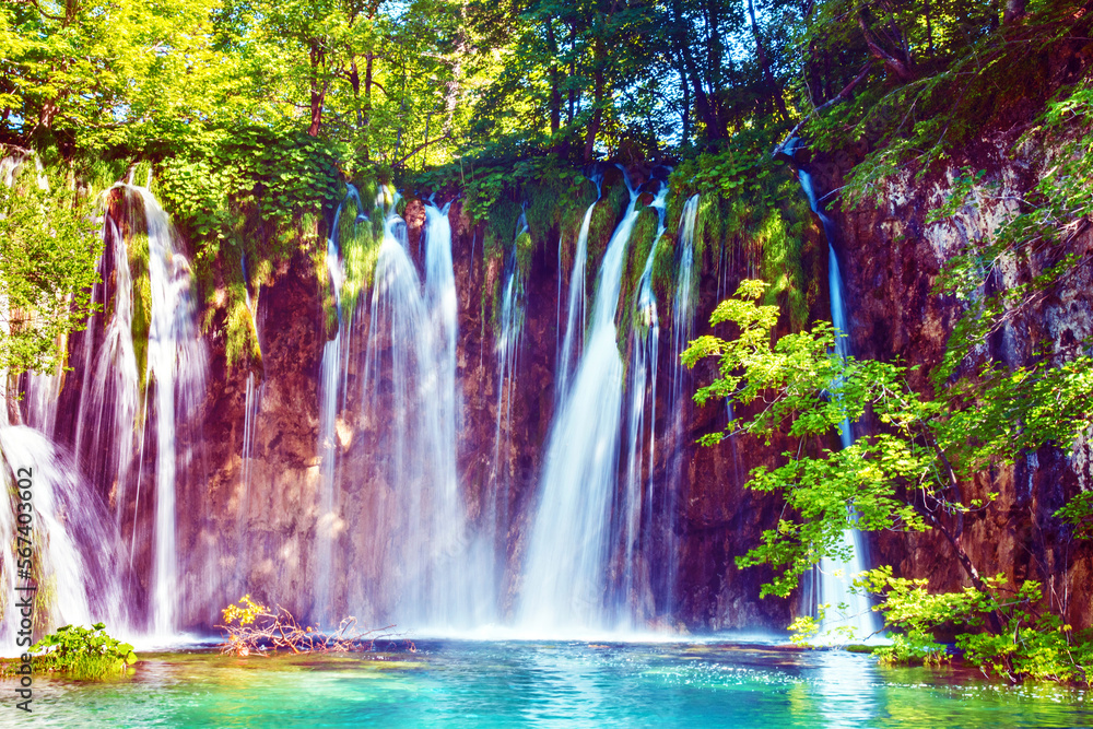 Incredibly beautiful fabulous magical landscape with a waterfall in Plitvice, Croatia (harmony meditation, antistress - concept)