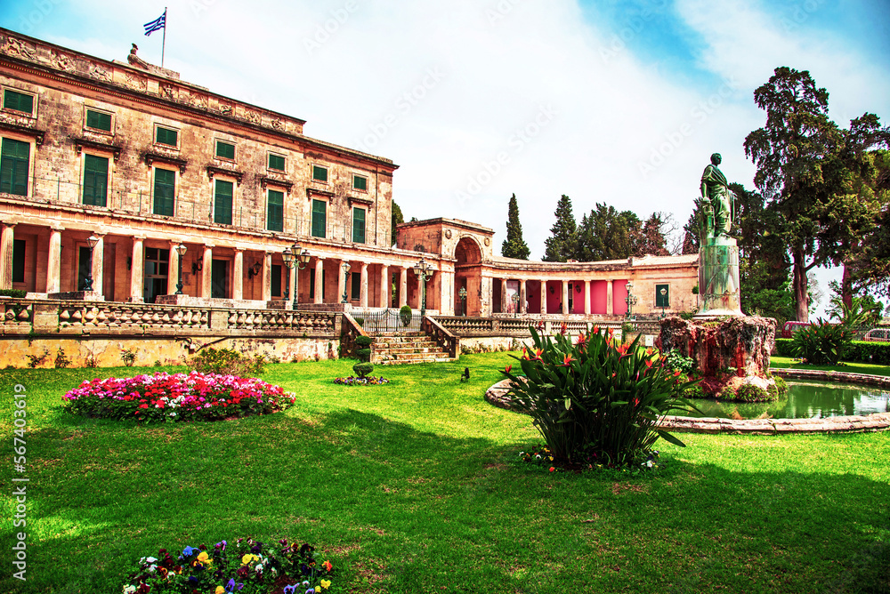 beautiful landscape with Statue of Frederick Adam in front of the Royal palace of St. Michael and St. George (Museum of asian art) in Corfu, Greece. Amazing places. Popular tourist atraction.