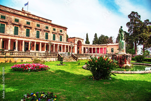 Obraz na płótnie beautiful landscape with Statue of Frederick Adam in front of the Royal palace of St. Michael and St. George (Museum of asian art) in Corfu, Greece. Amazing places. Popular tourist atraction. w salonie