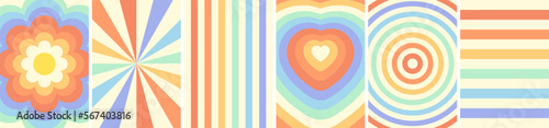 Retro groovy rainbow art background set. Psychedelic hippie style colorful swirl and waves poster collection. Vintage hippy flower and heart abstract banners. Trendy y2k pop culture bright geometric