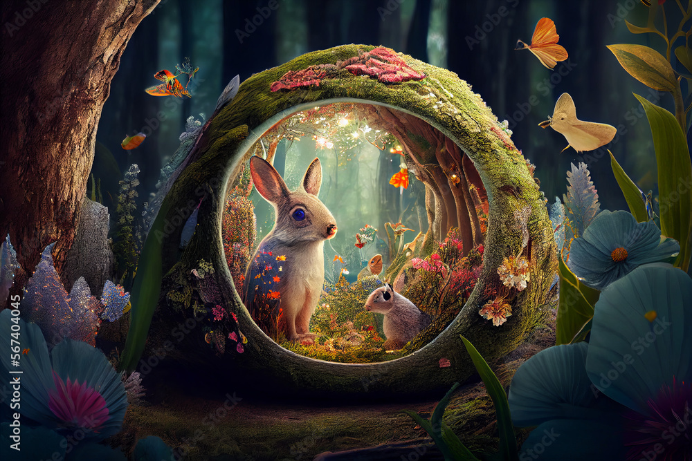 Magical forest with a rabbit. Created with Generative AI technology.