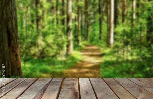 Wooden table top on blur green forest or gardent.Fresh and Relax concept.For montage product display or design key visual layout.View of copy space.
