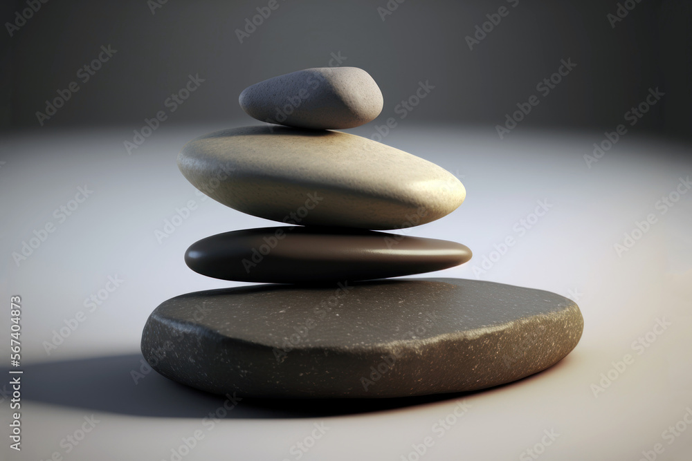 Zen stones, pebbles stack, balance and stability concept. Generative AI