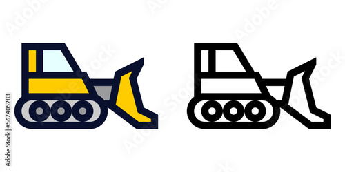 Bulldozer. Excavator Machine. Color and Line Icons	
