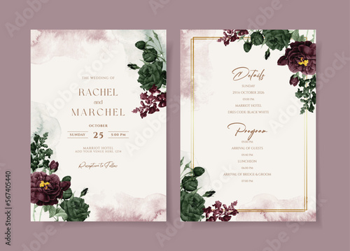 Wedding invitation template set with floral and leaves decoration