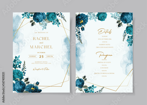 Watercolor wedding invitation template set with romantic teal floral and leaves decoration