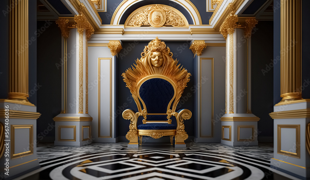 The Throne Room with Red royal chair on a background of red curtains. A ...