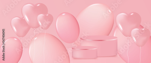 Happy Valentine's Day concept vector. Abstract 3d composition decorate with podium and glossy sweet pink heart balloons background. Design for banner, mock up, product presentation, ads, marketing.