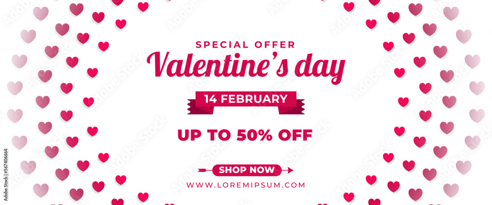 Valentine sale horizontal banner design with love pattern decoration Valentine sale horizontal banner design with love pattern decoration