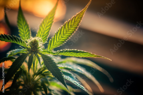 closeup of a marijuana leaf against a blurred background, and some copy space is the perfect visual for cannabis related content