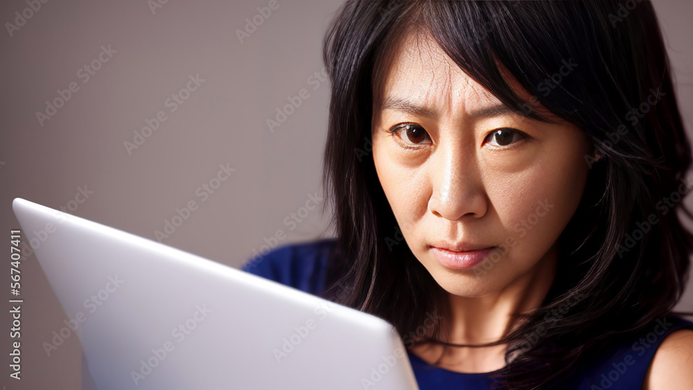 asian woman feeling serious, upset, angry,stress about the problem, generative art by A.I. asian woman feeling serious, upset, angry,stress about the problem, generative art by A.I.