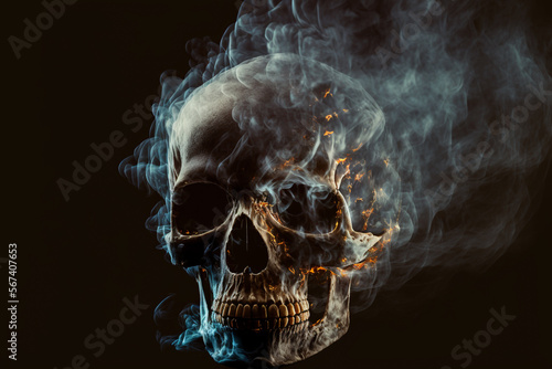 Smoldering human skull with orange fire surrounded by smoke placed on black background. Generative AI