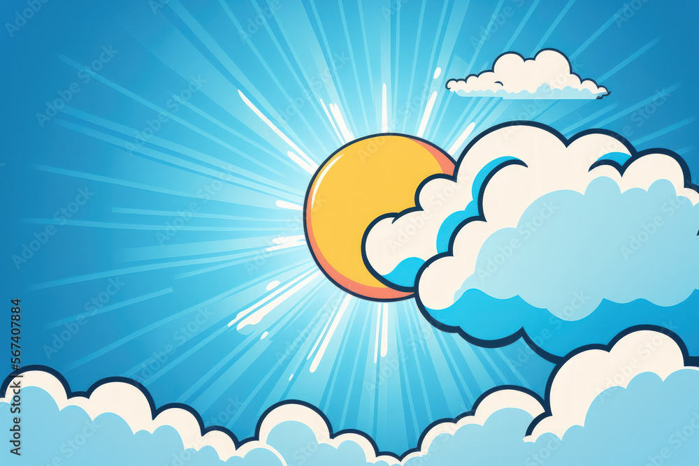 Blue sky with white clouds and a sun filled background. Generative AI Blue sky with white clouds and a sun filled background. Generative AI